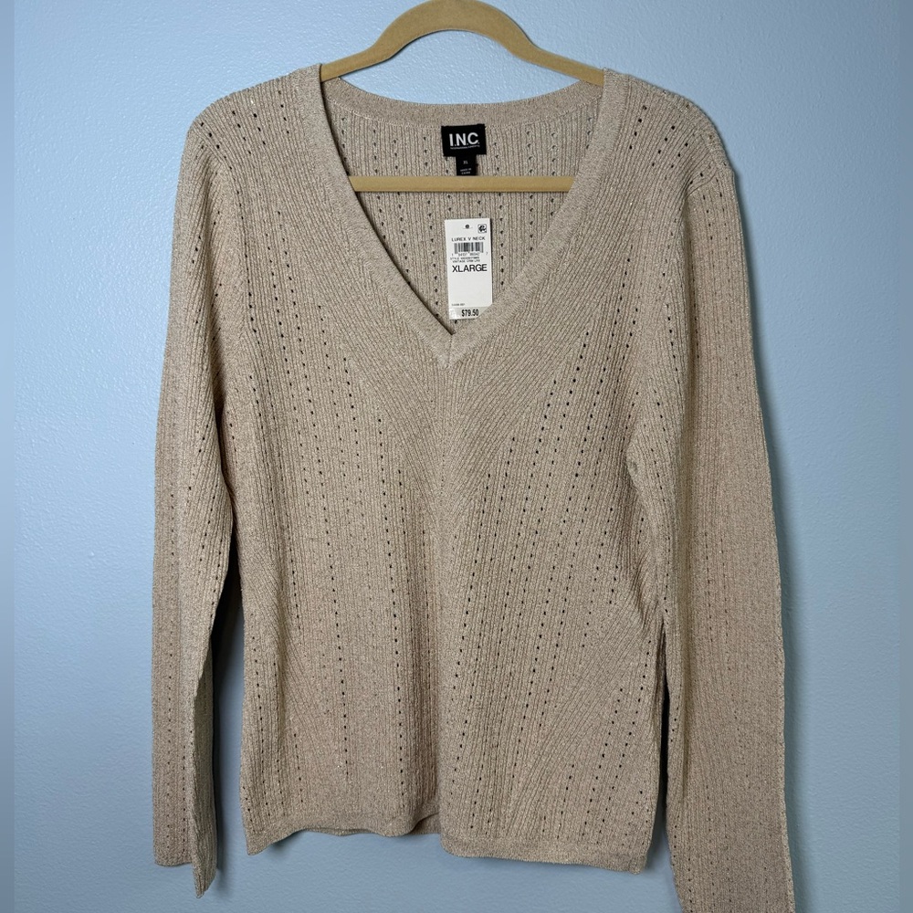INC International Concepts Neutral Gold/Beige V-Neck Knit Sweater